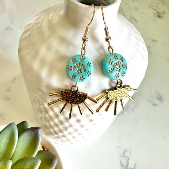 2/$30🌵 Gold Sun Turquoise Stone Crescent Moon Stars Earrings Bohemian Gift NEW - Picture 3 of 9